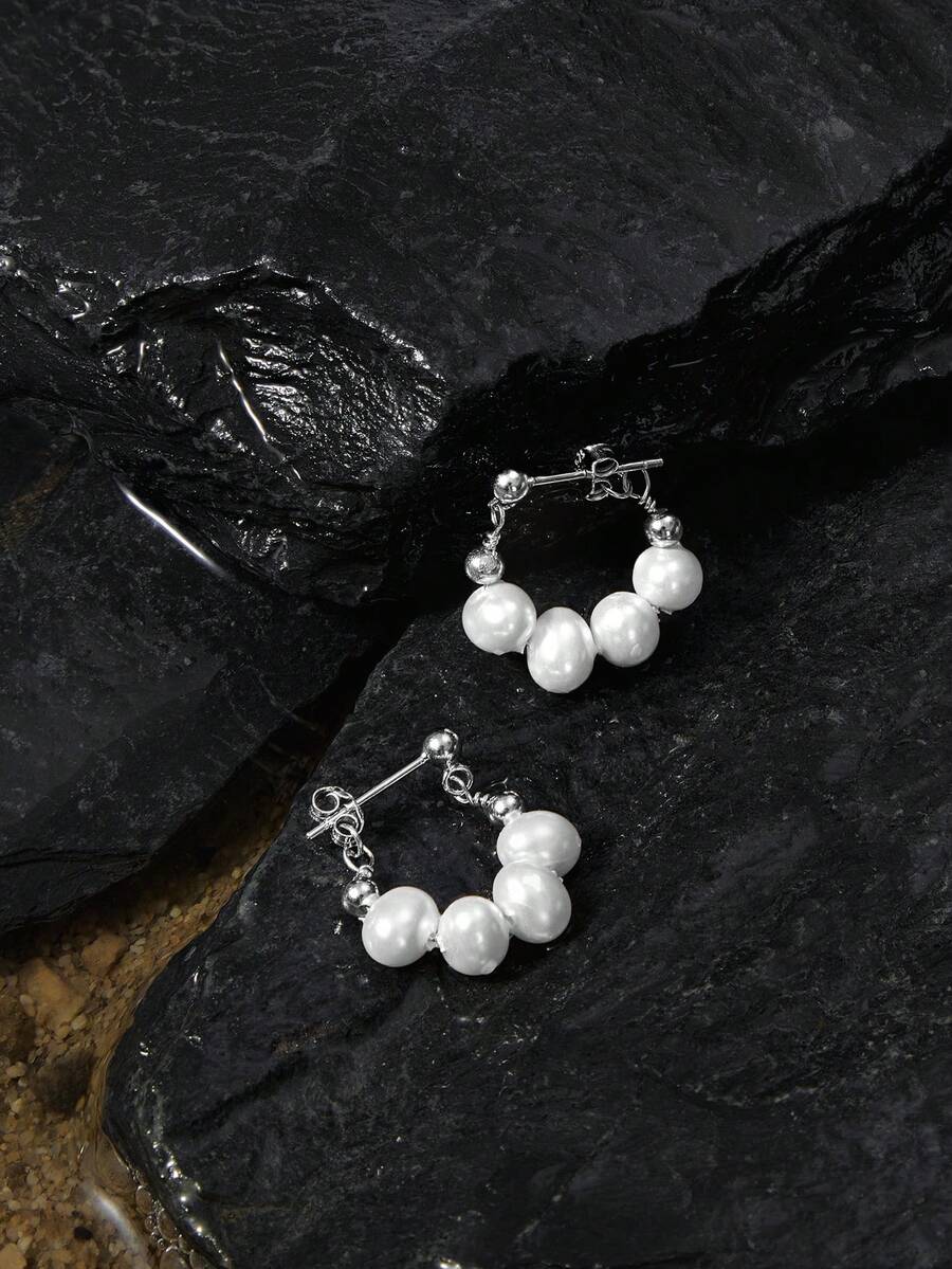 Opalesca 1 Pair Silver Pearl Dangle Earrings, Elegant Design Women Jewelry - Silver - View 1