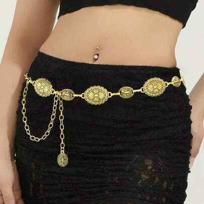 女士复古波西米亚风连衣裙，配装饰腰链，几何图案波西米亚锌合金金色腰链，四季皆宜