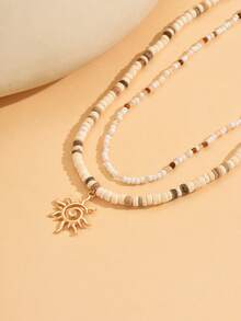 2pcs/Set Fashionable Coconut Shell & Seed Bead Mixed Color Necklace With Sun Pendant, Layered Choker Necklace For Men, Suitable For Daily Wear And Party, Also Can Be Worn As Couples Necklace - Gold - View 3