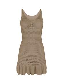 Bộ đồ nữ mùa hè gợi cảm, kiểu dáng thường ngày, khoét lỗ, xuyên thấu, dệt kim không tay, viền bèo nhún, gồm áo crop top và váy ngắn. - Màu Khaki - Xem 7