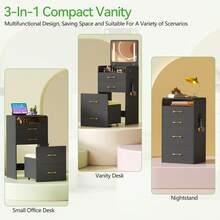 3 In 1 Vanity Desk With Flip Up Mirror And Lights, Glass Top Makeup Vanity Table With Charging Station,LED Compact Dressing Table With 3 Drawer And Wheel Storage Stool For Bedroom(Black) - View 5