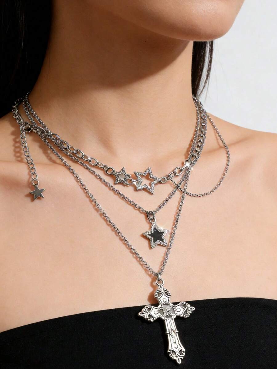 3pcs/Set Retro Gothic Style Star, Meteor, Cross Pendant Necklace Set For Women, Punk Style - Silver - View 1