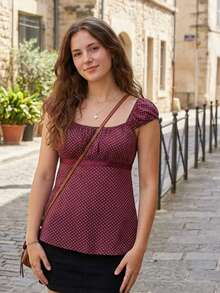 Women Fairy Grunge Y2k Babydoll Shirt Cap Sleeve Polka Dot Tie Back Flowy Crop Top Summer Aesthetic Square Neck Ruched Shirt Preppy Clothes - 酒紅色 - 查看 5