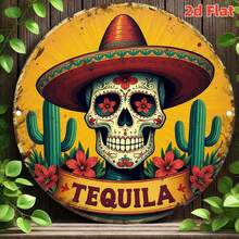 1pc 2D Flat - Vintage Mexican Bar Sign, 2D Design - Tequila Theme Round Metal Wall Art, Featuring Sombrero, Cactus And Floral Patterns - 19.79X19.79 Cm Iron Sign, Perfect For Home, Cafe, Pre-Drilled Holes As Shown In Size Diagram - Multicolor - View 1