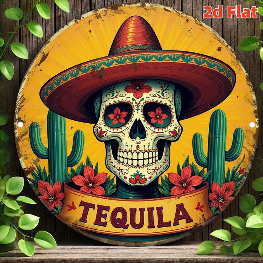 1pc 2D Flat - Vintage Mexican Bar Sign, 2D Design - Tequila Theme Round Metal Wall Art, Featuring Sombrero, Cactus And Floral Patterns - 19.79X19.79 Cm Iron Sign, Perfect For Home, Cafe, Pre-Drilled Holes As Shown In Size Diagram - Multicolor - View 1