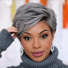 Grey Chic Pixie Cut Wig | Layered With Bangs, 180% Density, Glueless Brazilian Remy Hair, Straight Hairstyle, Comfortable Rose Net Cap, Perfect For Daily Wear & Party, Elegant Wigs - SGray - 查看 3
