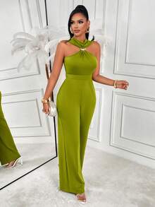 AIJ Amarilo Women'S Elegant Halter Neck Jumpsuit - Fitted Waist Bodycon, Perfect For Outings & Dates, Spring/Summer Everyday Wear - Green - View 3