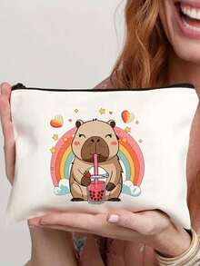 2D Cartoon Hamster Drinking Bubble Tea Retro Print Cosmetic Bag, Toiletry Bag, Travel Bag, Zipper Closure, Fashion Gift, Best Gift For Girlfriend/Sisters, Portable Makeup Pouch Makeup Bag Make Up Organizer Makeup Storage Wash Bag Toiletry Travel Bag Vacation Essentials For Travel Gifts For Women - Multicolor - View 2