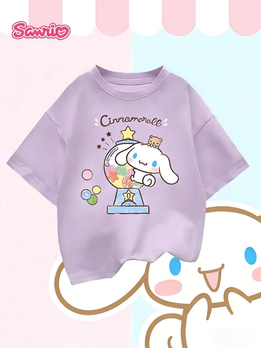 SANRIO Girl Cartoon T-Shirt-Soft Polyester Knitted Cotton Cute Short-Sleeved Shirt Printed By , Regular Version Of Micro-Elastic T-Shirt, Suitable For Spring, Summer And Autumn, Cartoon Style Wear. - Mauve Purple - View 1