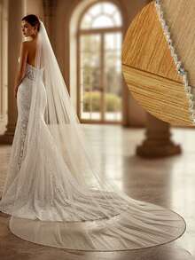 1pc 3 Meters Handmade Beaded Bridal Veil, Exquisite & Elegant, Beaded Chain Trim, Suitable For Wedding Dress, Cathedral Wedding - Multicolor - View 8