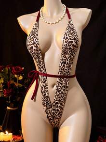 1件装女士性感豹纹连体衣，内衣，V领设计，配酒红色腰带，柔软弹力面料，迷人狂野风格，是私密卧室之夜和浪漫场合的理想之选。 - 酒紅色 - 查看 1