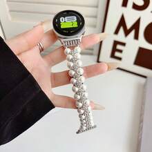 1件白色彈性珠飾人造鋯石閃亮錶帶，適用於 Galaxy Watch9/8 40mm/44mm 與 Galaxy Watch9/8 Classic 46mm，水晶手鍊風格珠寶錶帶，免扣環彈性女款珠寶風替換腕帶 - 白色 - 查看 2