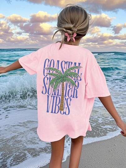 Relaxed Coastal Summer Vibe, Tween Girl Casual Creative Minimalist Pattern Oversized T-Shirt, Suitable For Children's Summer Tops, Teens Shirts
