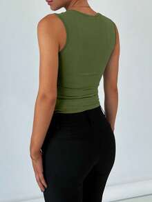 Women's Solid Color Double-Layer Pleated Square Neck Camisole, Spring/Summer Casual - Olive Green - View 5