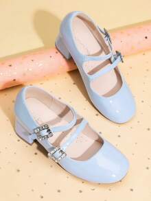 Girls Dress Shoes Mary Jane Double Straps High Heel Easter Wedding Party Church Princess Communion Pumps For Little/Big Kids - 淺藍色 - 查看 9