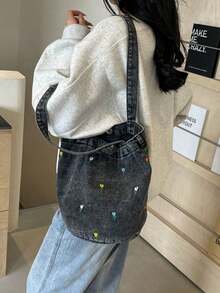 Vintage Denim Floral Embroidery Versatile Shoulder Bag, Student Lunch Bag, Bucket Bag For Women - Black - View 10
