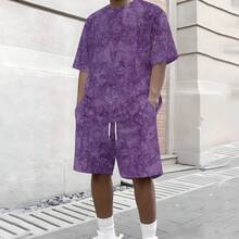 2-Piece Elegant Retro Knit Fabric Set, Exquisite & Luxurious, For Men's Daily Outings, Summer Purple & Black Contrast European Pattern Short Sleeve & Beach Shorts Set - Multicolor - View 4