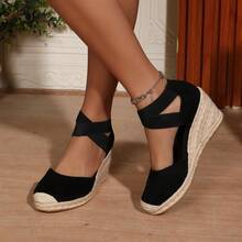 Women's Crossover Elastic Suede Fabric Rope Casual Wedge Shoes - Black Beige - View 7