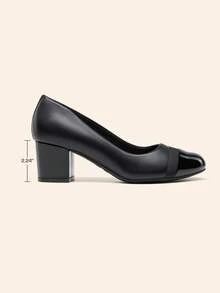 Wide Fit Women's Pumps Low Chunky Block Heel Dress Shoes Closed Round Toe Comfortable Heels - 黑帕特 - 查看 4