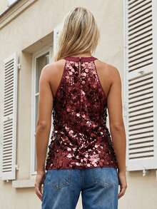 Women's Summer Sequin Tank Tops Sleeveless Crew Neck Slim Fit Vest For Party Wedding - 紅色 - 查看 2