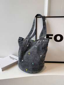 Vintage Denim Floral Embroidery Versatile Shoulder Bag, Student Lunch Bag, Bucket Bag For Women - Black - View 7