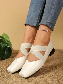 2006 Soft Bottom, Square Toe, Retro Criss-Cross, Ballet Flats, New Women's Outdoor Wear, Low-Cut Pig Nose, Elephant Print, French Mary Jane Shoes, Fashion Women Shoes - White - View 4