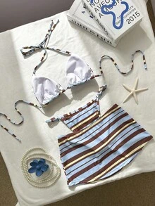 Bộ bikini 3 món dành cho nữ, họa tiết sọc và hoa màu xanh & vàng, kèm váy ngắn che ngoài khi đi biển, thích hợp cho kỳ nghỉ, hẹn hò, tiệc trà chiều, lễ hội âm nhạc, hoạt động ngoài trời mùa xuân/hè. - Nhiều màu - Xem 4