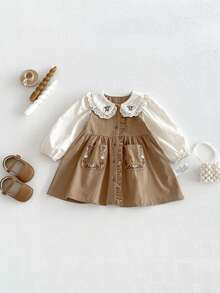Baby GirlElegant Floral Embroidery Vintage Casual Long Sleeve Dress, Spring/Autumn - Camel - View 2