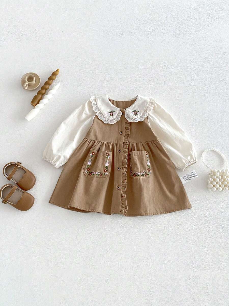 Baby GirlElegant Floral Embroidery Vintage Casual Long Sleeve Dress, Spring/Autumn