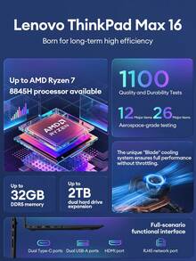 Lenovo 联想 Max16 黑色超薄商务笔记本电脑，搭载 AMD Ryzen R7 8845H 处理器、32GB 内存、1TB 双硬盘扩展、16 英寸屏幕、CPU、GPU、NPU、三引擎 AI 处理器、180 度翻转设计、智能指纹解锁，适用于办公和学生。 - 黑色 - 查看 4