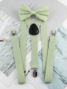 ZONFAZ 2 Stücke Herren Mode vielseitig verstellbare einfarbige Polyester Hosenträger & stilvoller Polyester Fliege Set, geeignet für Hochzeiten, Zeremonien und den täglichen Gebrauch - Minzgrün - Übersicht 2