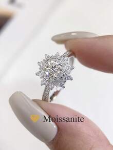 1pc 0.5 Carat Moissanite Sunflower Shaped Ring, 925 Sterling Silver, Elegant Jewelry Suitable For Women's Party, Engagement, Wedding And Other Occasions, Anniversary Or Birthday Gift - Silver - View 1