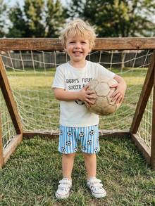 Baby Boy's Summer Outfit Football Soccer Sport Themed Clothes Short Sleeve Letter Print T-Shirt Novelty Cartoon Shorts 2Pcs Playwear Set - 爸爸未來的足球夥伴 - 查看 4