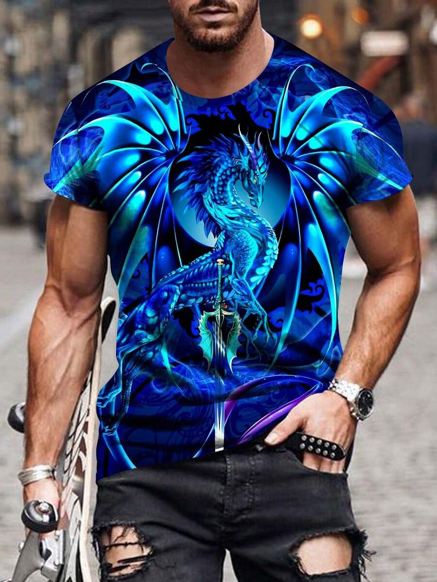 Men's Chinese Dragon Print Short Sleeve Crew Neck T-Shirt, Summer - 藍色 - 查看 1