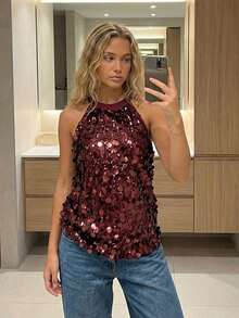 Women's Summer Sequin Tank Tops Sleeveless Crew Neck Slim Fit Vest For Party Wedding - 紅色 - 查看 3