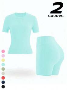 2 Piece Women's Solid Color Activewear Set, Crew Neck & Lapel Short Sleeve Tees With High-Waisted Biker Slim-Fit Shorts, High Stretch Gym Workout Outfit, Fitness Sportswear For Indoor Outdoor Casual Gym Fitness Workspace - 嬰兒藍 - 查看 1