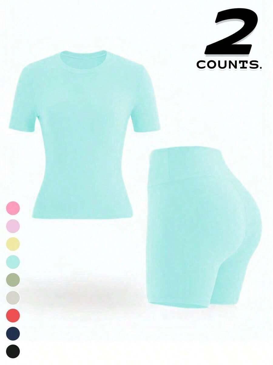 2 Piece Women's Solid Color Activewear Set, Crew Neck & Lapel Short Sleeve Tees With High-Waisted Biker Slim-Fit Shorts, High Stretch Gym Workout Outfit, Fitness Sportswear For Indoor Outdoor Casual Gym Fitness Workspace - 嬰兒藍 - 查看 1