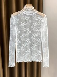 2024新款轻薄高领蕾丝吊带背心，荷叶边网眼打底衫，女士春秋季白色休闲款 - 白色 - 查看 3