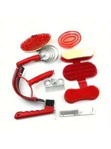 10pcs Horse Grooming Kit, Horse Care Set, Includes Horse Brush, Curry Comb, Hoof Pick, Sweat Scraper For Horse Riding Care - Red 10-piece Set - View 6