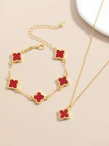 2pcs/Set, 1pc Pendant Necklace + 1pc Bracelet, Fashionable Luxury Personalized Minimalist Gold Star Flower Oval Jewelry Set, Suitable As Girlfriend, Wedding, Graduation, Date Gift - A - View 9