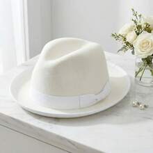 Men Women Felt Fedora Hat Stylish Decorative Band Design Derby Hat Roll-Up Wide Brim Jazz Cap - White - View 3