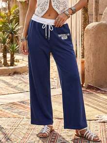 Women's Baggy Sweatpants Stylish Letter Print Mid Rise Wide Leg Drawstring Trousers For Fall And Winter - Azul Marino - Ver 3