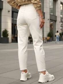 Quần jean nữ denim, cạp cao, dáng lửng, khóa kéo và nút cài, kiểu dáng cổ điển, năm túi, đai lưng, thiết kế cạp cao, phù hợp để mặc hàng ngày. - Màu be - Xem 3
