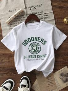 女士夏季新款休闲标语印花宽松圆领短袖T恤，时尚日常及假日穿着，女士T恤上衣 - 白色 - 查看 4