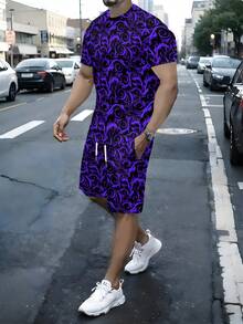 2-Piece Retro Elegant Knit Fabric Set, Exquisite & Intricate, For Men's Vacation Trips, Summer Dark Purple On Black Scroll Pattern Short Sleeve & Beach Shorts Set - 彩色 - 查看 1