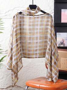 女士无袖圆领格子褶皱常规长度梭织衬衫 - 卡其色 - 查看 1