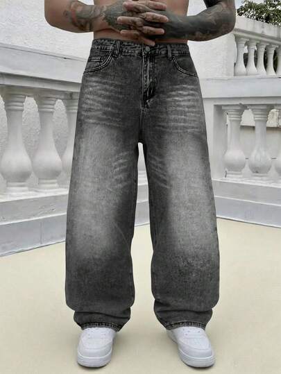 1件复古水洗宽松阔腿男士牛仔裤，无弹力，适合休闲和工作场合穿着。
