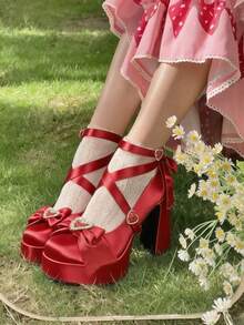 Fashion Mary Jane Shoes For Women Elegant High Chunky Heel Pumps With Cross Strap, Big Bow, And Heart Buckle Lace-Up For Wedding, Party, And Cute Occasions - Đỏ - Xem 9