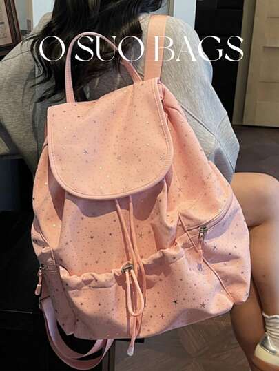 Summer Large Capacity Fashion Printed Multi-Pocket Nylon Casual Backpack, Star Decor, Lightweight Foldable Drawstring Patch Letter Travel Bag