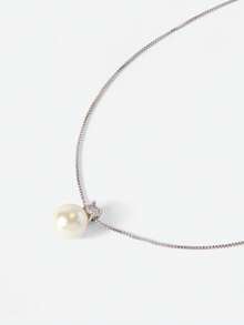 Opalesca 1pc Elegant Women Jewelry S925 Sterling Silver Necklace With Pearl & Four-Claw Set Diamond Pendant Locking Collarbone Chain Versatile Noble Party Gift Birthday Present - Silver - View 2
